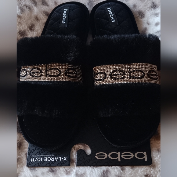 bebe Shoes - Bebe Black With Silver Rhinestone Logo Faux Fur Slippers Women's Size XL 10-11